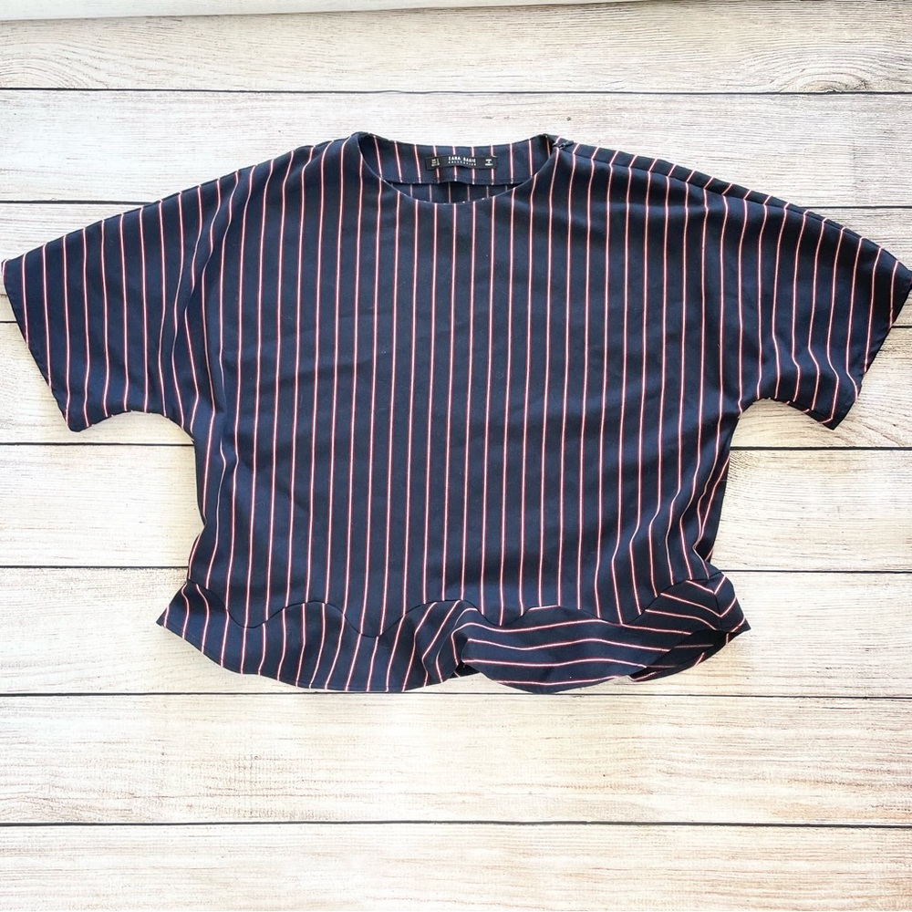 Zara Basic Blue Striped 3/4 Dolman Sleeves Ruffle Top